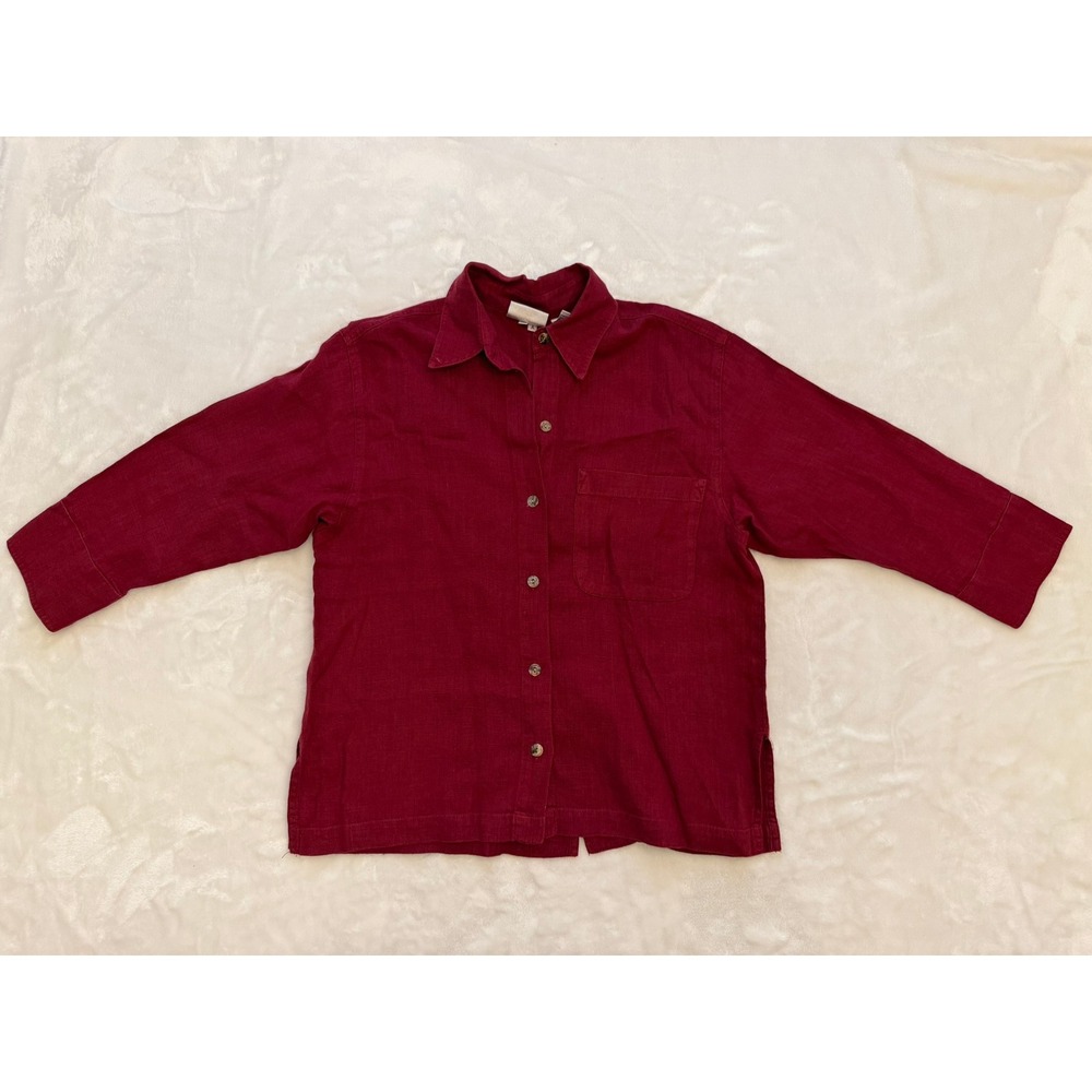 Chicos Design Burgundy 100% Linen Button Down Shirt Womens Size 0 Red 3/4 Sleeve
